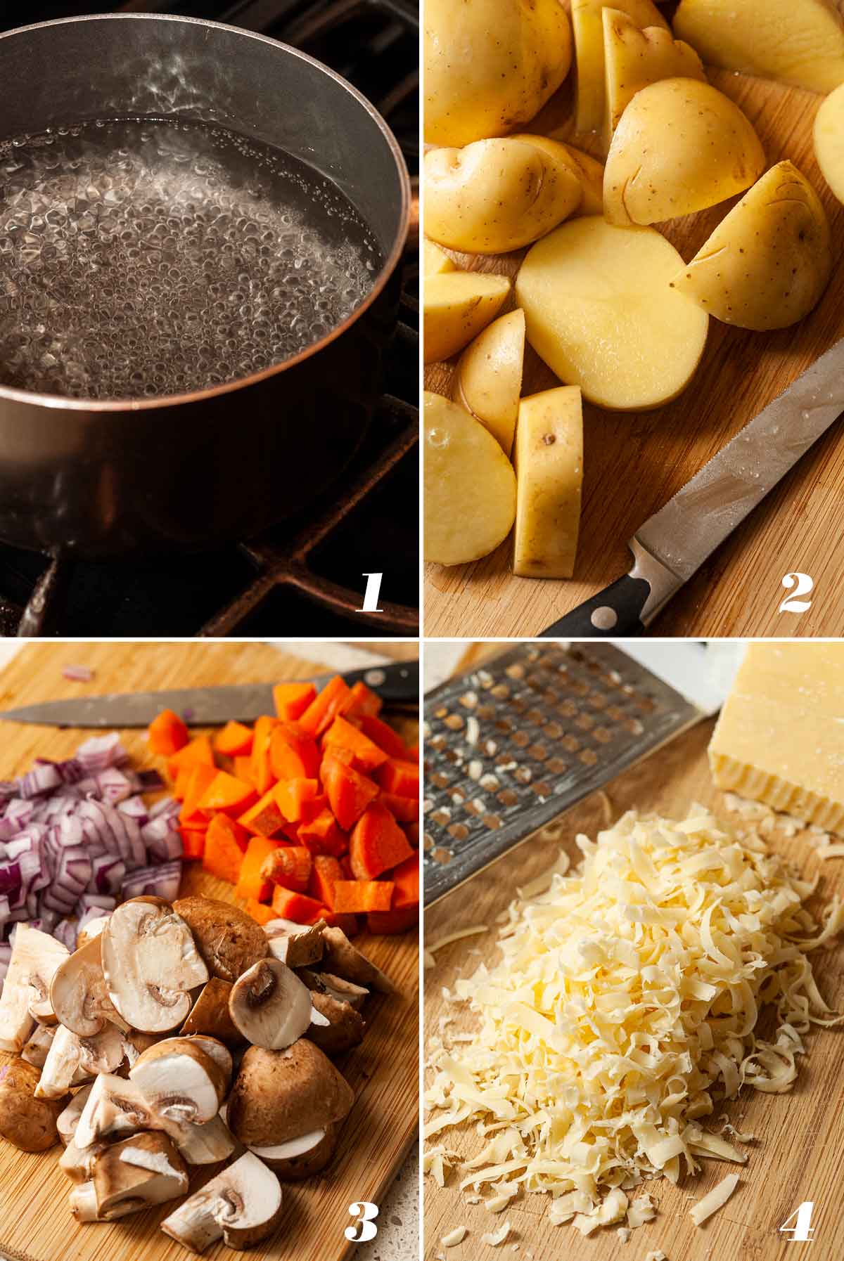 A collage of 4 numbered images showing how to prepare ingredients for shepherd's pie.