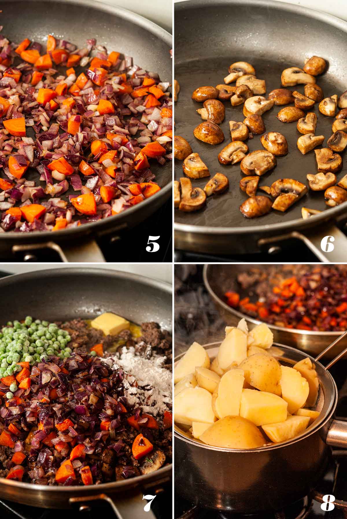 A collage of 4 numbered images showing how to make shepherd's pie.