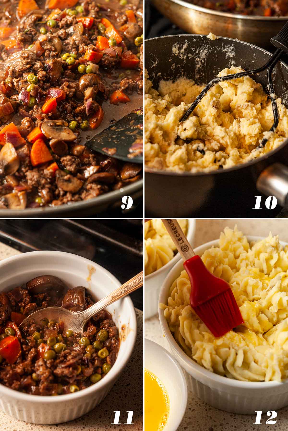 A collage of 4 numbered images showing how to finish shepherd's pie.