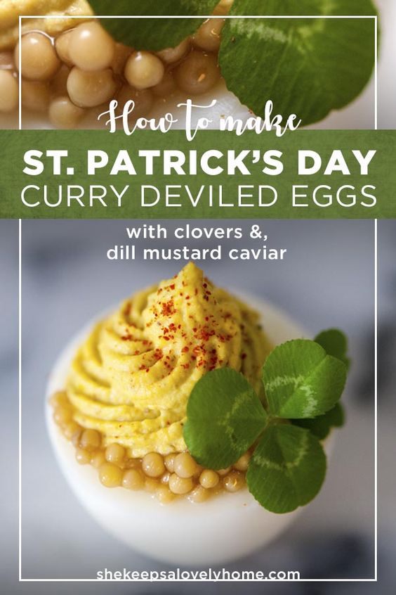 These lucky St. Patrick's Day deviled eggs have such a tasty flavor and the dill mustard caviar adds such a fun texture! #stpatricksday, #deviledeggs