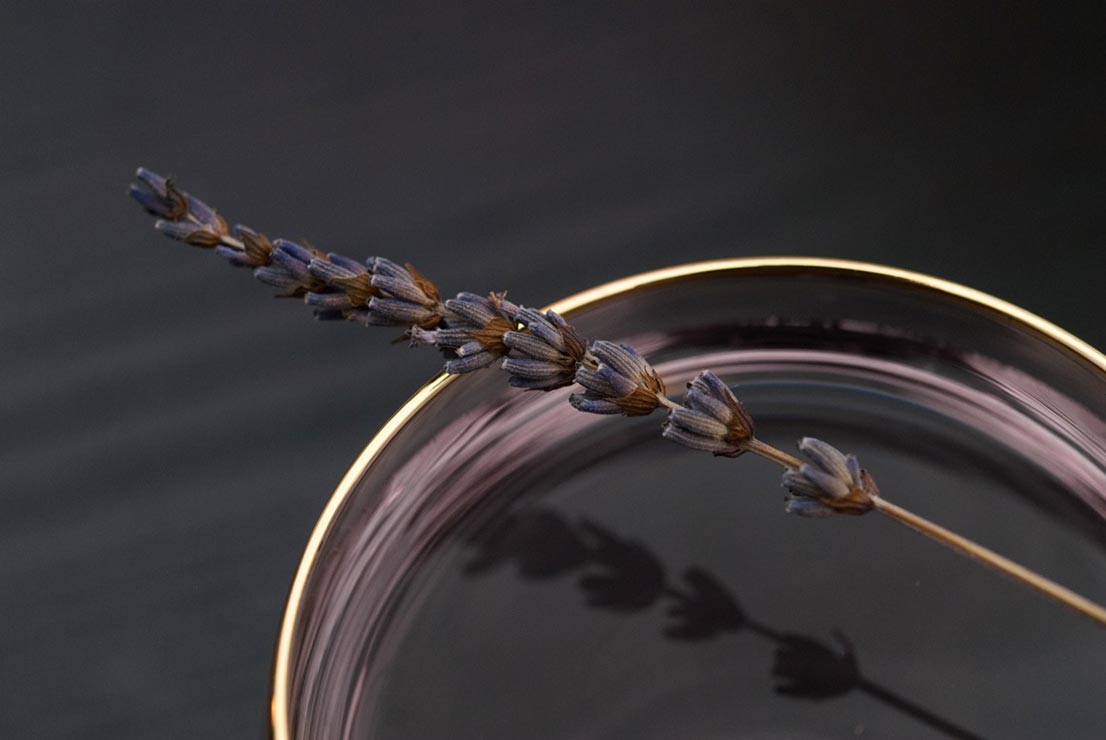 A closeup of a sprig of lavender garnishing a purple cocktail with a gold-rimmed glass.