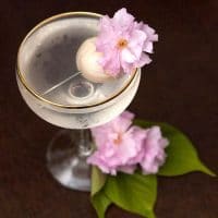 A lychee cocktail on a dark table, garnished with a lychee and cherry blossoms.