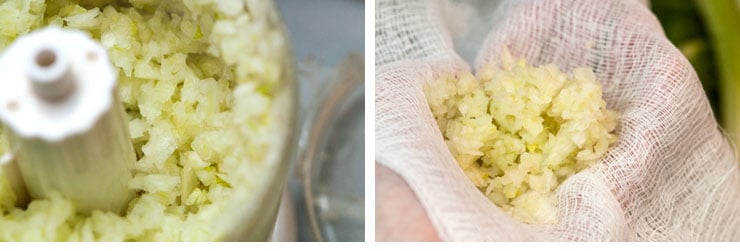 2 images, showing how to process fennel and squeeze in cheesecloth.