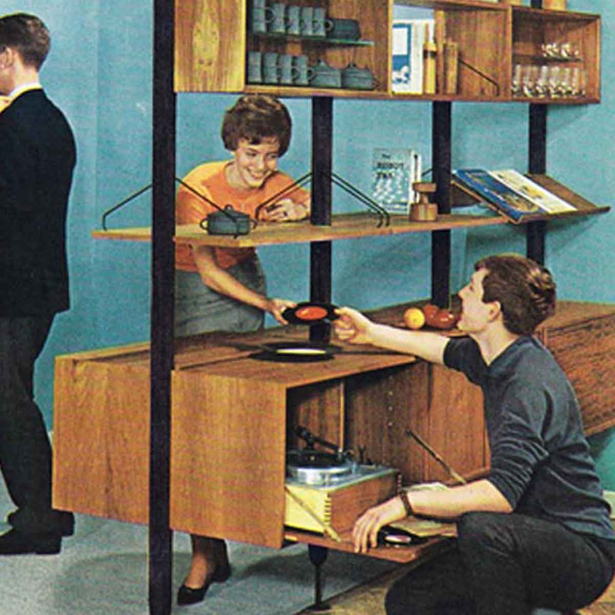 A 1950s illustration of 2 people selecting records to play.