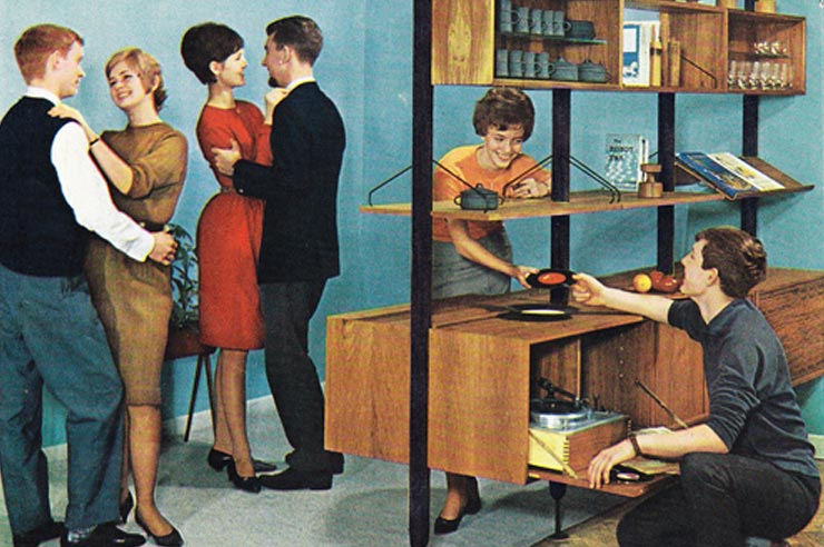 A 1950s illustration of 2 people selecting records to play.