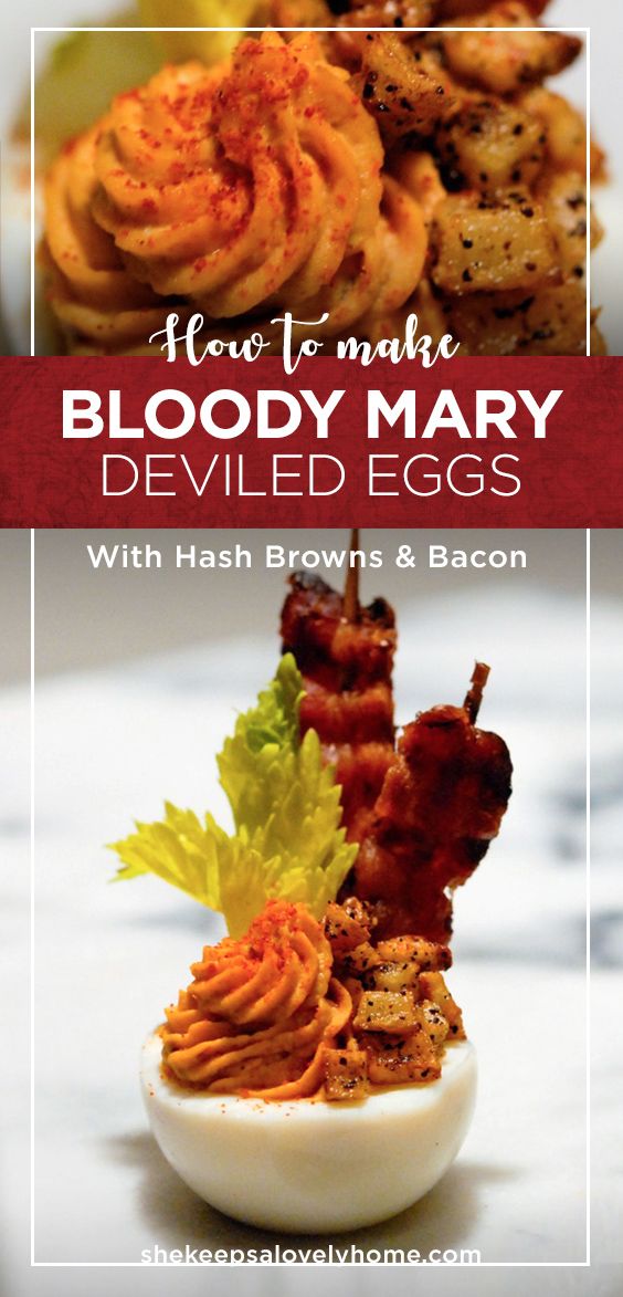 Bloody Mary Deviled Eggs with Bacon and MiniHash Browns