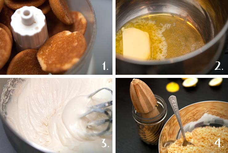 A collage of 4 numbered images showing how to make mousse and cookie crumbles.