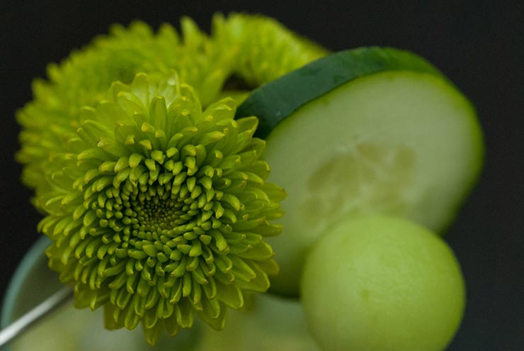 A cocktail garnish of green flowers, cucumber and a ball of honeydew on top of a cocktail.