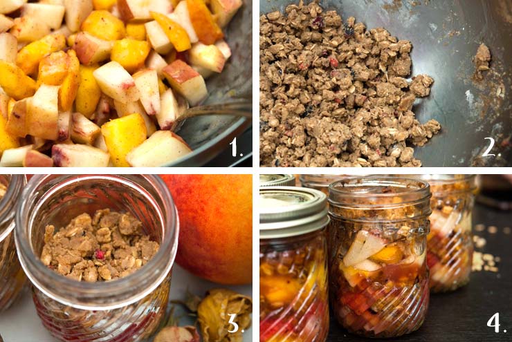 This layered raspberry & peach crisp is bursting with sunny, summer, tart and sweet flavors. Who knew cardamom and peach were simply made for each other!? #dessert, #dessertrecipes, #peach, #raspberry A collage of 4 numbered images showing how to make and jar peach crisp.