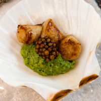A small shell on a plate containing 3 small scallops, pesto cream and mustard caviar.