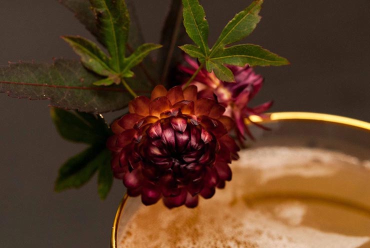 A closeup of dry, purple flowers with green leaves garnishing a cocktail with a gold-rimmed glass.