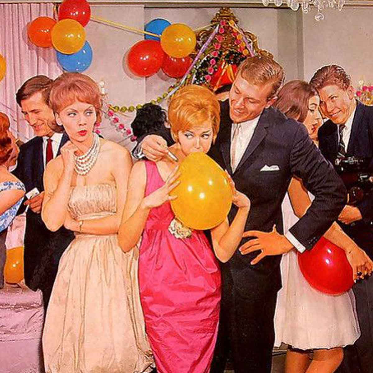 An illustration of 1950's party: a man is holding his cigarette close to a ballon while a woman watches on with scorn.