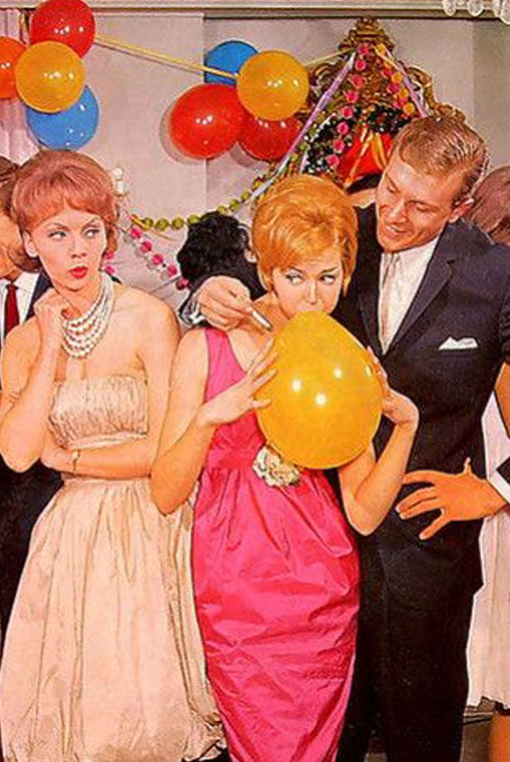 An illustration of 1950's party: a man is holding his cigarette close to a ballon while a woman watches on with scorn.