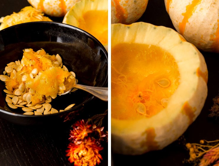 2 images showing de-seeded pumpkin mush in a black bowl on the left, and an empty pumpkin gourd on the right.