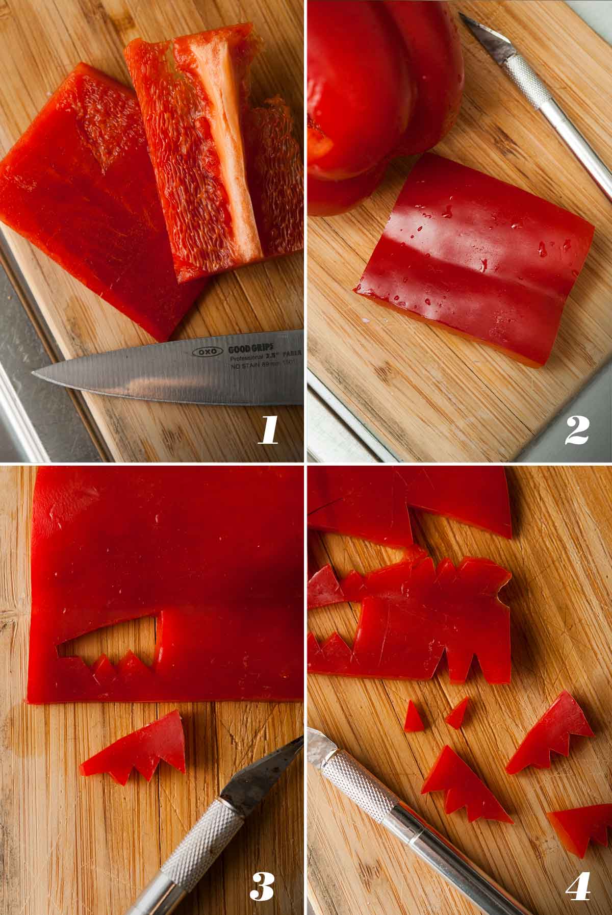 A collage of 4 numbered images showing how to make horns and wings out of red bell peppers.