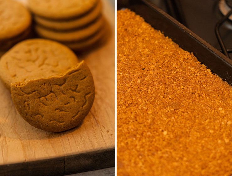 2 images: on the left, gingersnap cookies on a board, on the right, gingersnap crust baked in a baking tray.
