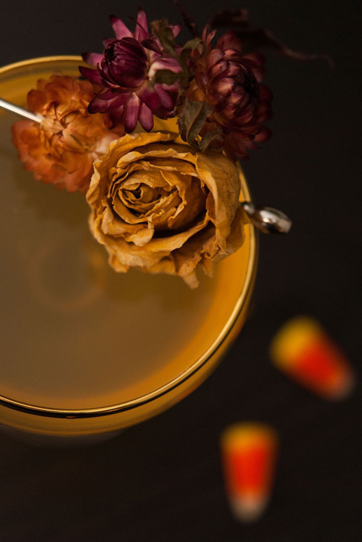 A dried rose garnish on the edge of a cocktail.