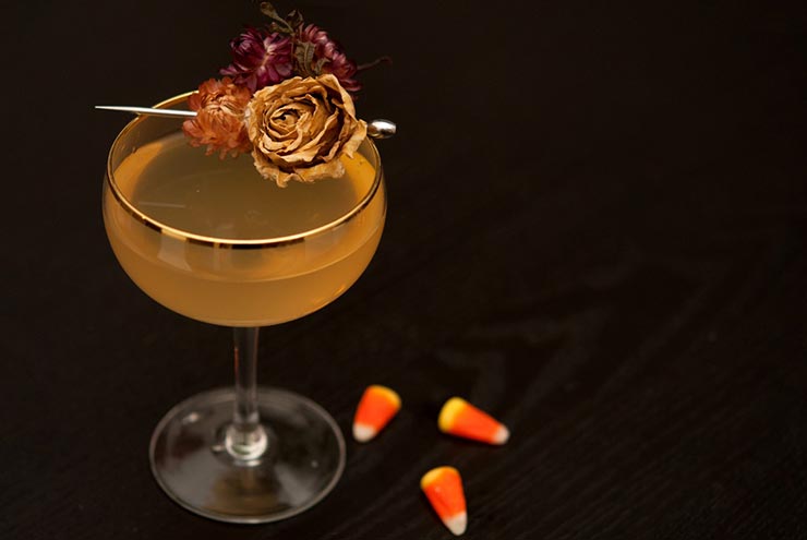 A cocktail garnished with 3 dry flowers, pierced with a cocktail pin, with 3 candy corns at its base.