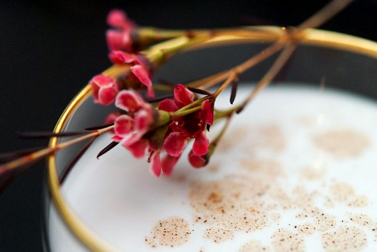 The flower garnish on the edge of a cocktail glass.