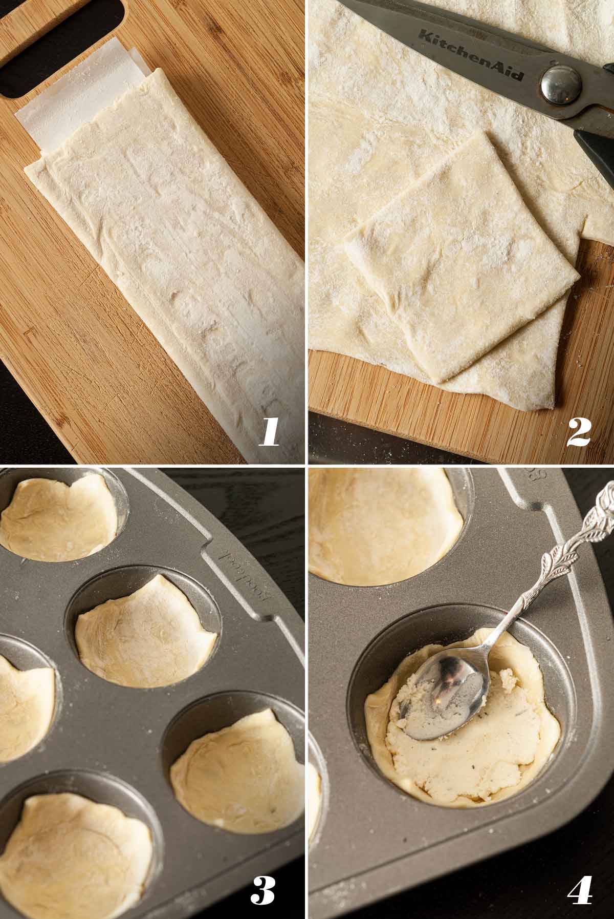 A collage of 4 numbered images showing how to cut and place puff pastry in cupcake tins.