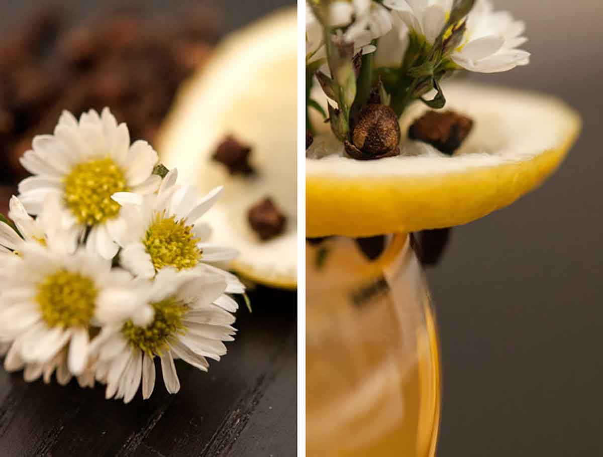 2 images, showing how to make make an ornate lemon garnish, with cloves and flowers, that sits on the edge of a glass.