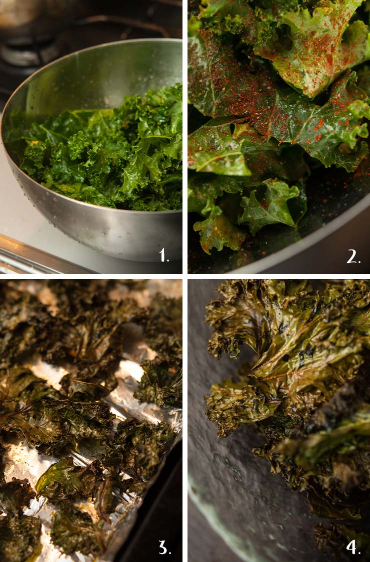 A step by step image, showing kale that is uncooked, seasoned, cooked and finished in a bowl.