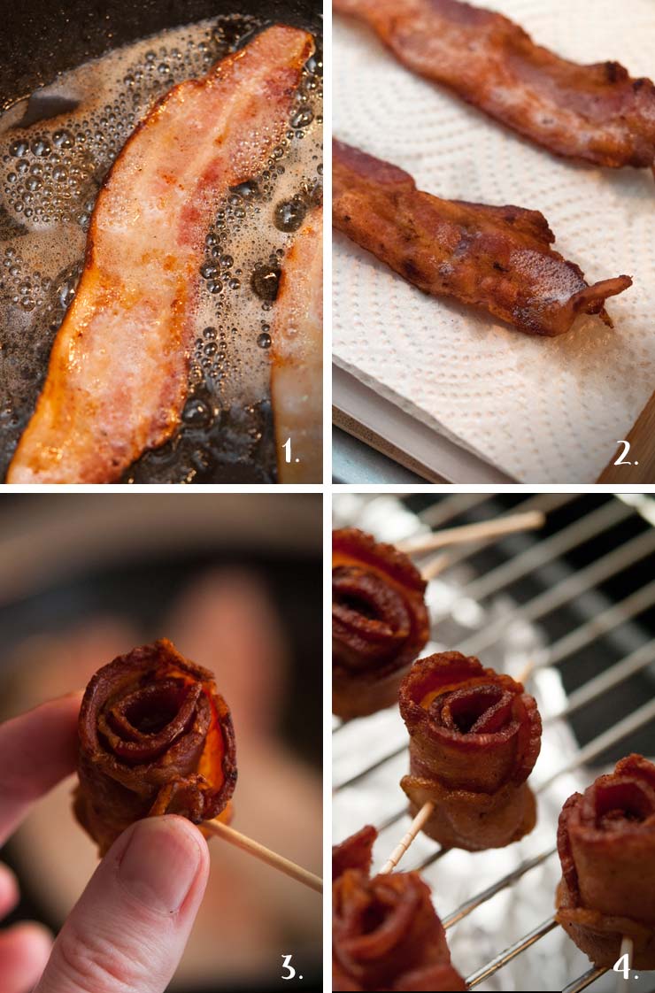 A collage of 4 numbered images showing how to make bacon roses.