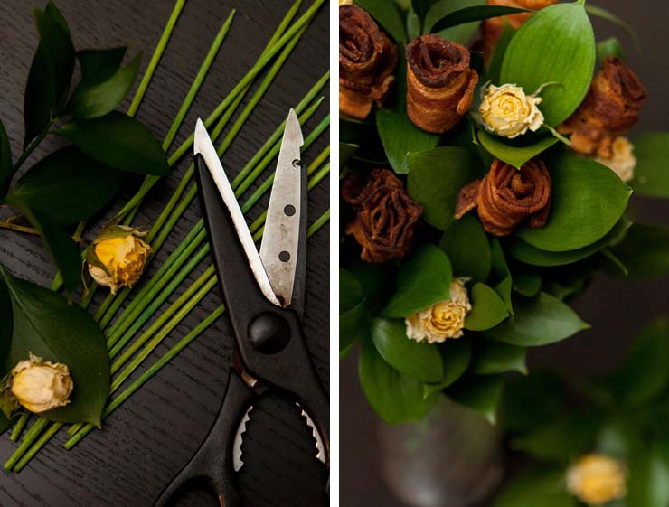 2 images. On the left, Kitchen scissors next to skewers, leaves and yellow roses, on the right, a bacon rose bouquet.