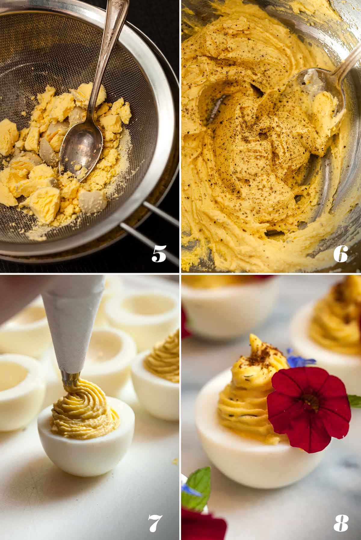 A collage of 4 images showing how to fill and garnish deviled eggs.