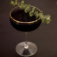A cocktail on a table, garnished with a stem of eucalyptus.