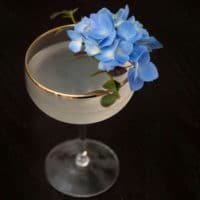A cocktail on a table, garnished with blue flowers and a little greenery.