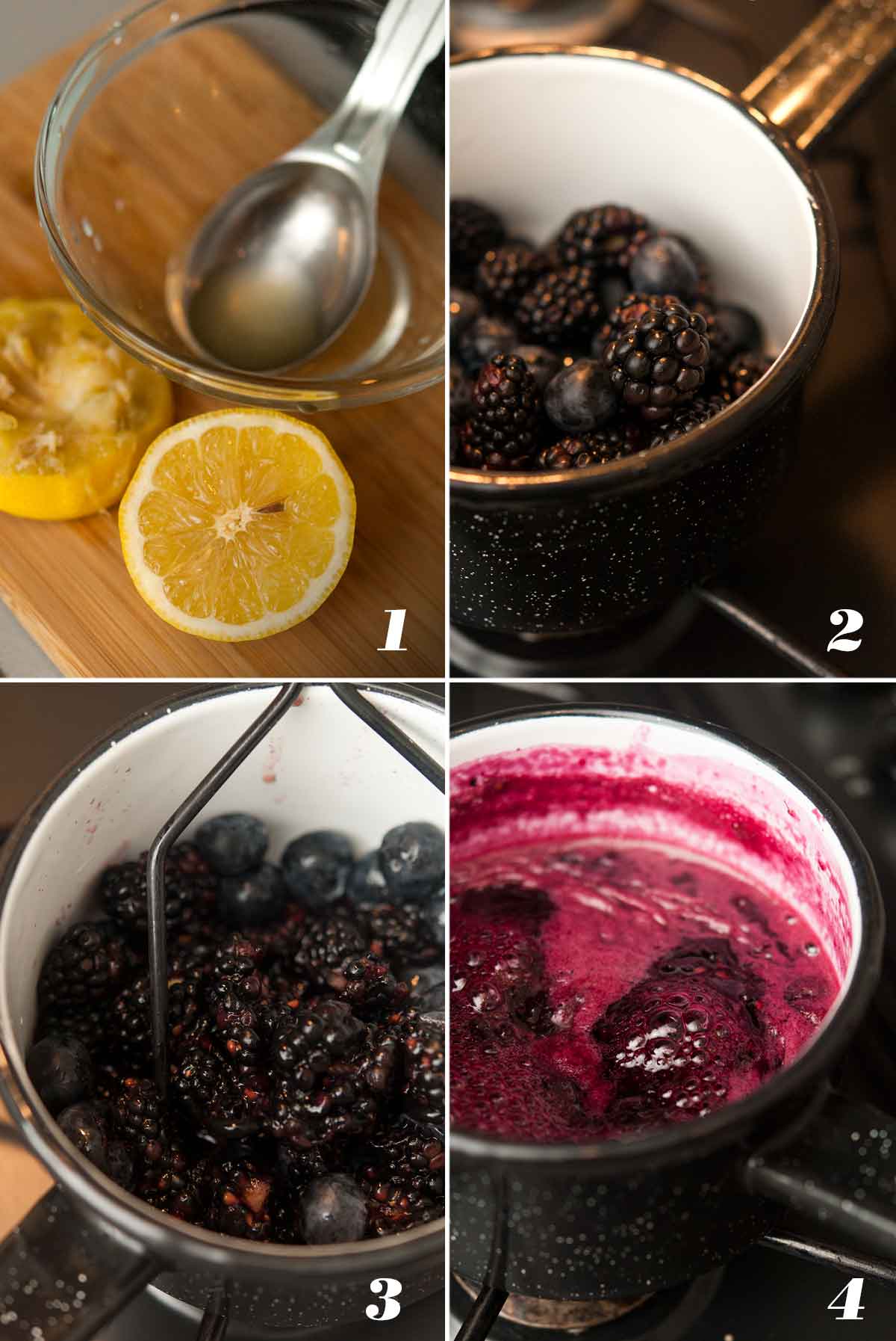 A collage of 4 numbered images showing how to make black and blueberry jam.