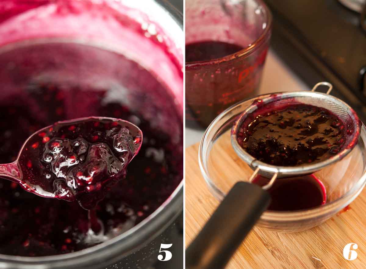 2 numbered images showing how to finish making black and blueberry jam.
