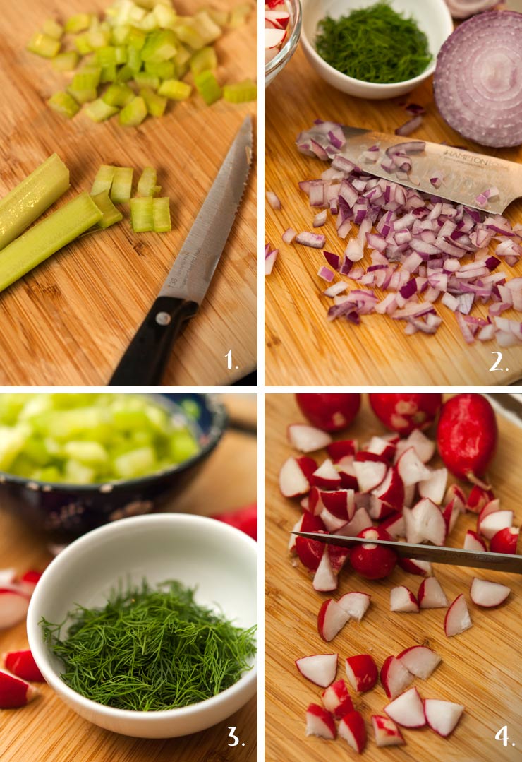 A collage of 4 numbered images showing how to make chicken salad; chopping vegetables and herbs.