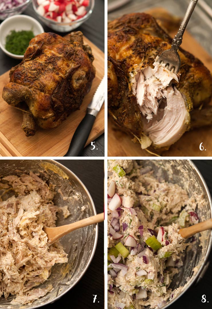 A collage of 4 numbered images showing how to cut and mix chicken into chicken salad.