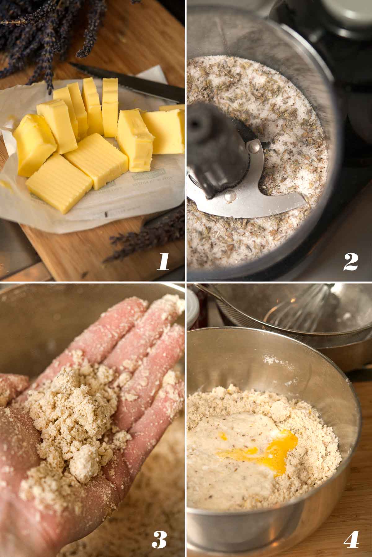 A collage of 4 numbered images showing how to make lemon lavender scones.