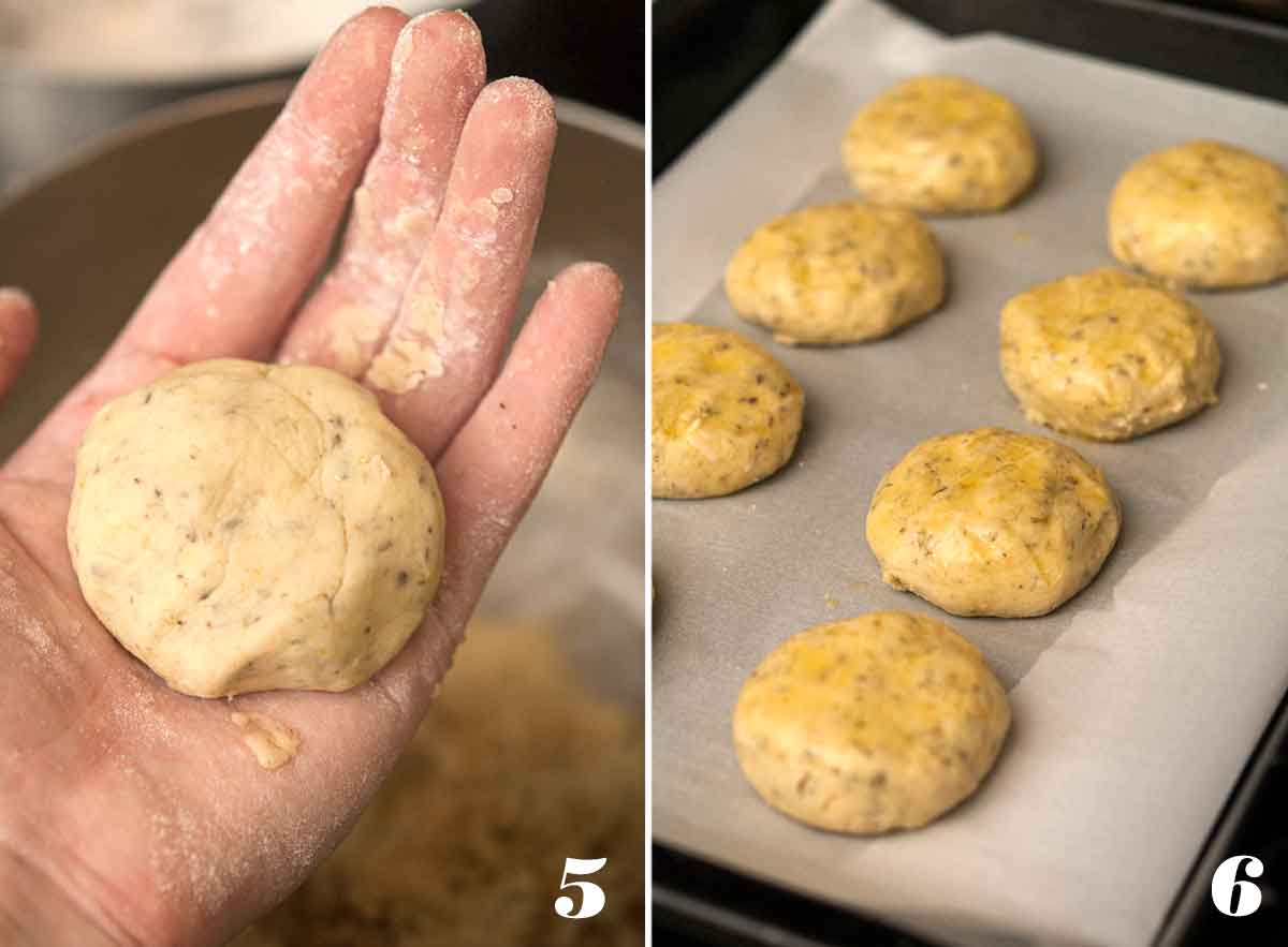 2 numbered images showing how to roll and bake lemon lavender scones.