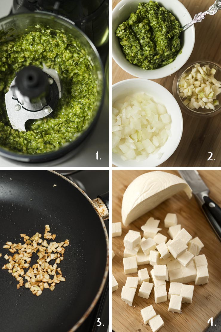 A collage of 4 numbered images showing how to make pesto, toasting garlic and cubbing cheese.