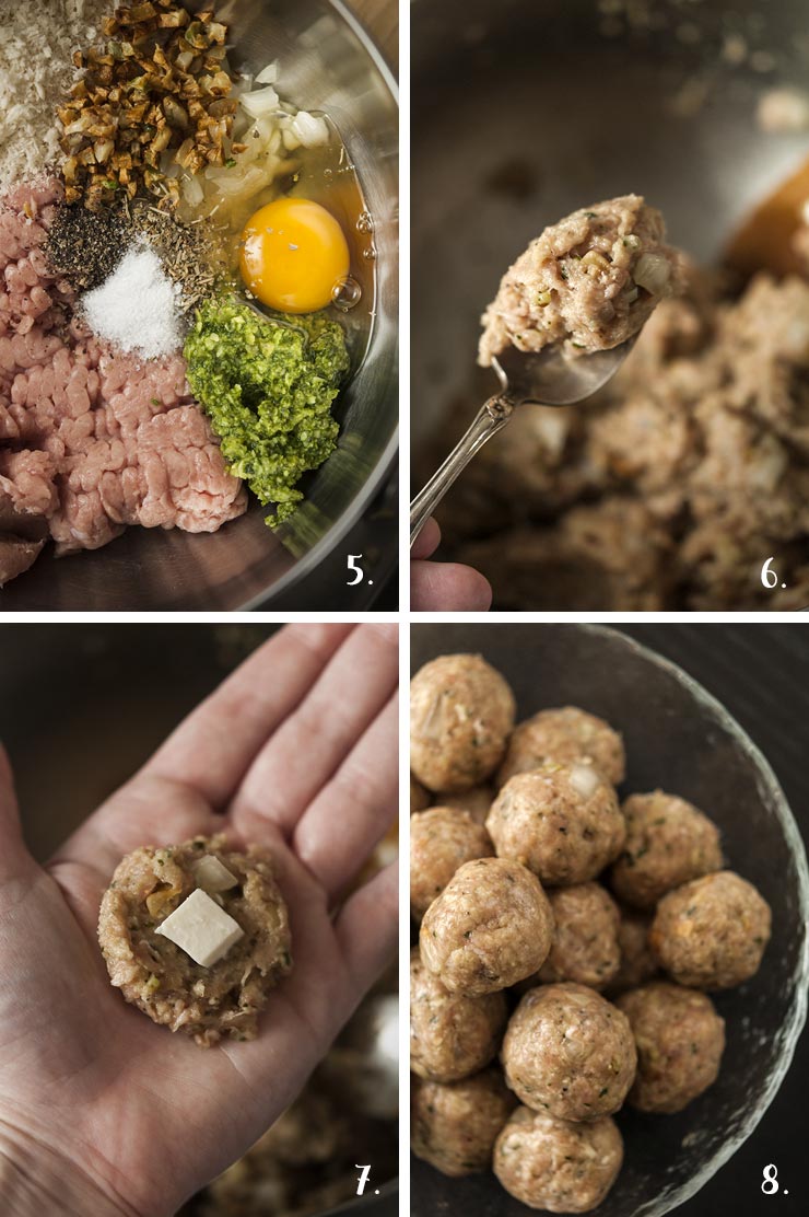 A collage of 4 numbered images showing how to mix and roll meat balls.