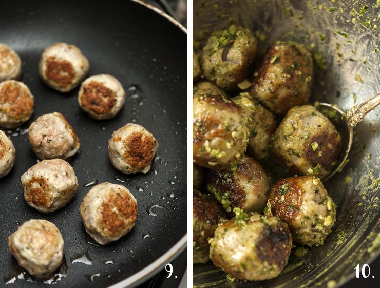 2 numbered images showing browning meatballs in a pan and rolling them in pesto.