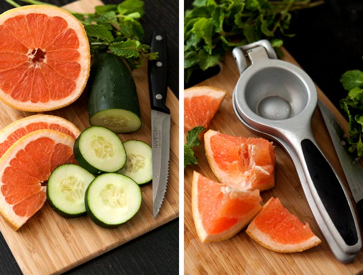 2 photos of cut pink grapefruit and cucumber on a cutting board, surrounded by mint. One photo includes a juicer.