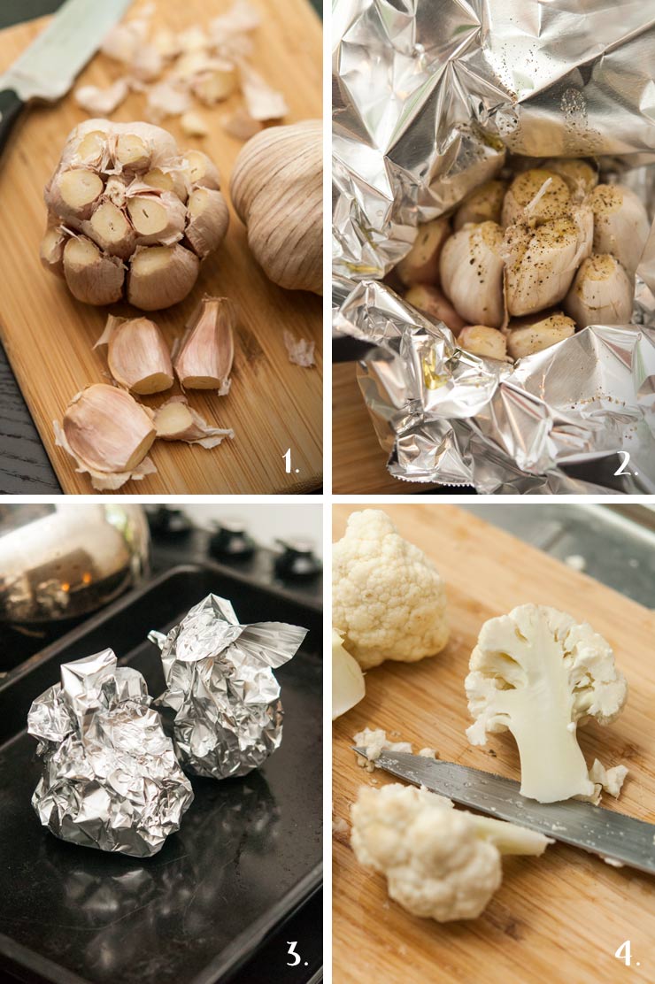 A collage of 4 numbered images showing how to roast garlic and slice cauliflower.