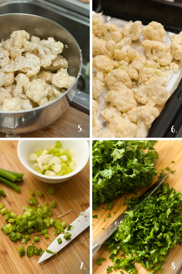 A collage of 4 numbered images show how to chop herbs and cauliflower.