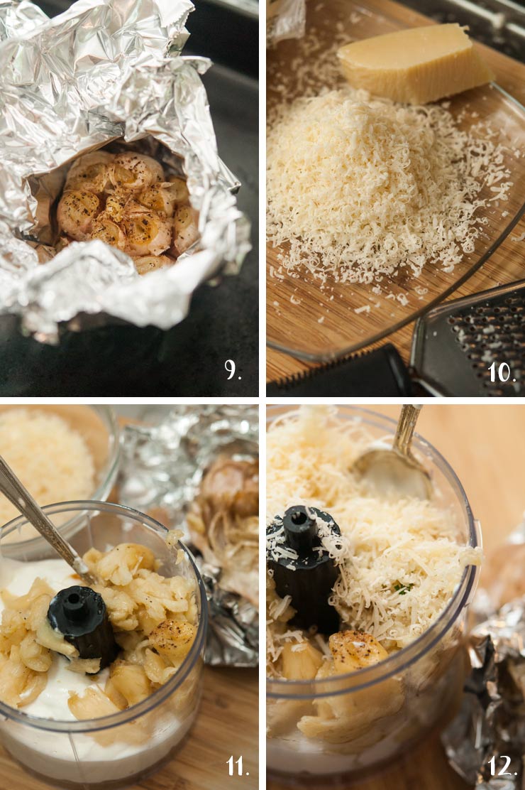 A collage of 4 numbered images showing adding roasted garlic to a food processor with sour cream and parmesan.