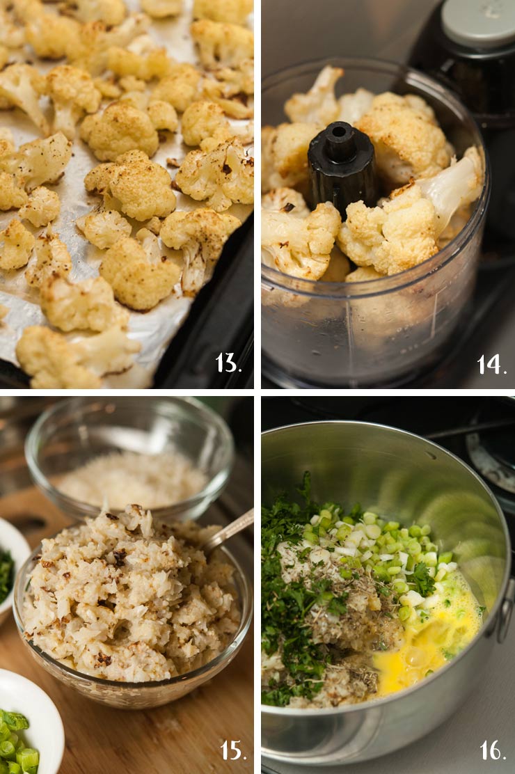 A collage of 4 numbered images showing chopping cauliflower in a food processor and mixing ingredients in a bowl.