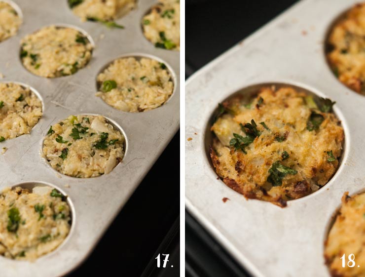 4 numbered images showing cauliflower-herb mixture in a mini cupcake tin, and a baked cake in a tin.