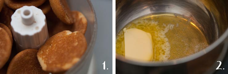 2 images: On the left, cookies in a food processor. On the right, butter melting in a pan.