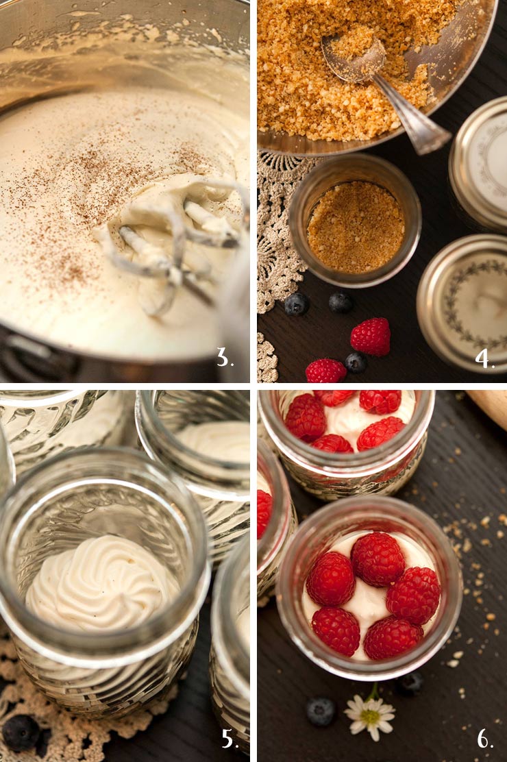 This no-bake vanilla cheesecake mousse is dreamy, creamy and layered with blueberries, raspberries and a scrumptious Nilla Wafer crumble! #cheesecake, #july4thfood, #mousse, #vanillacheesecake, #nobake, #dessert via @shekeepsalovelyhome A collage of 4 numbered images showing how to make layered vanilla cheesecake mousse.