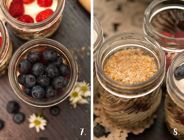 This no-bake vanilla cheesecake mousse is dreamy, creamy and layered with blueberries, raspberries and a scrumptious Nilla Wafer crumble! #cheesecake, #july4thfood, #mousse, #vanillacheesecake, #nobake, #dessert via @shekeepsalovelyhome 2 images. On the left, blueberries in a jar on top of mousse, on the right, jars with a cookie crumble layers.