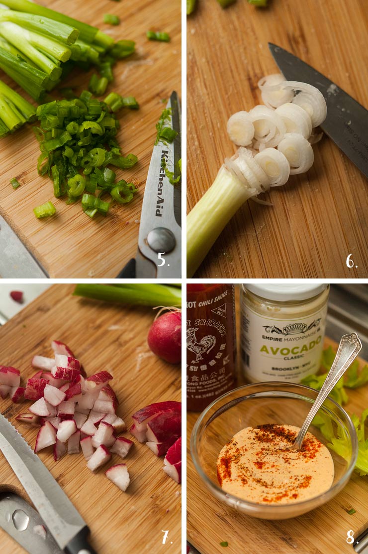 A collage of 4 numbered images showing how to cut eggs and dice celery.